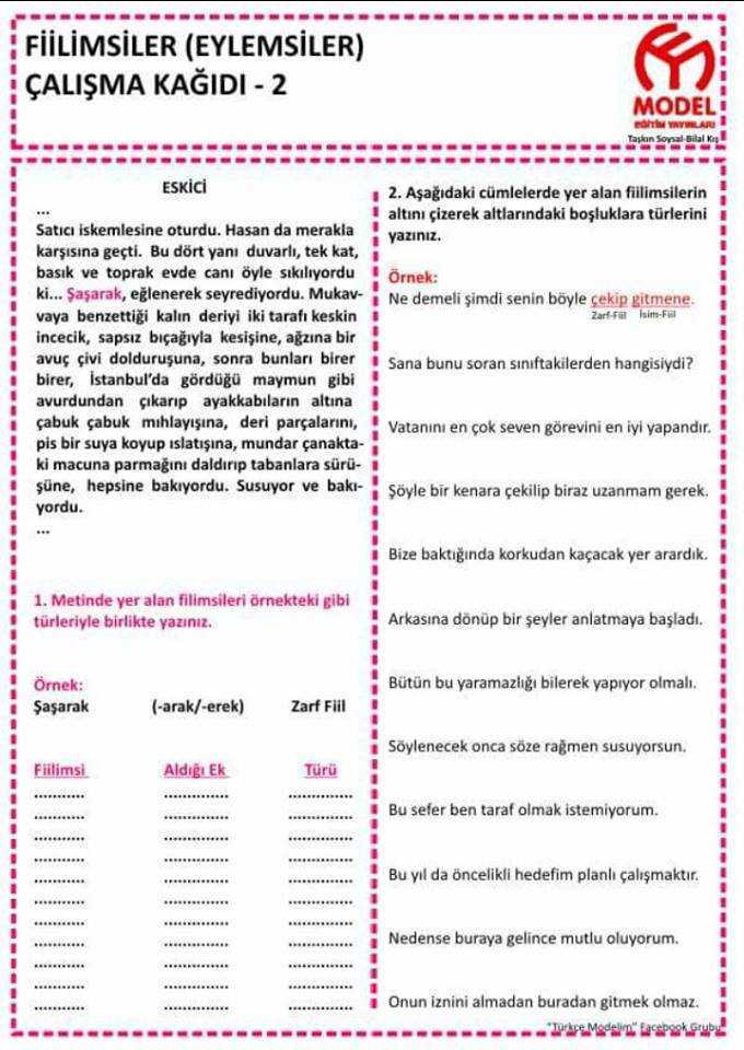 Fiilimsiler Çalışma Kağıdı İndir – Turkceci.Net – Türkçe Testleri